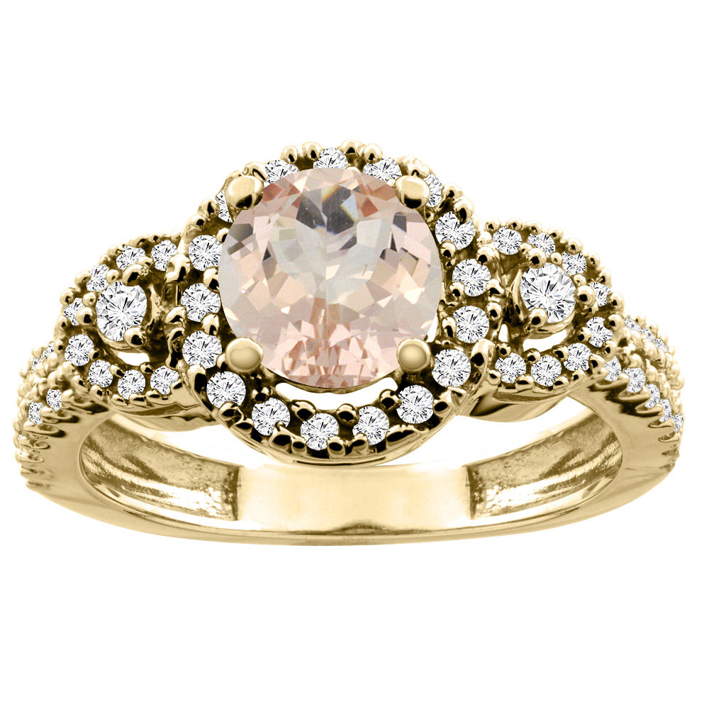 Sabrina Silver 10K White/Yellow Gold Diamond Halo Natural Morganite Ring Round 6mm, sizes 5 - 10