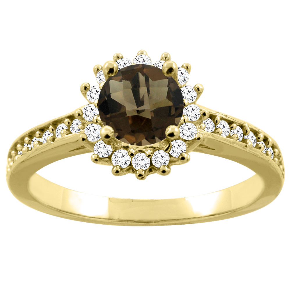 Sabrina Silver 10K Gold Natural Smoky Topaz Floral Halo Diamond Engagement Ring Round 6mm, sizes 5 - 10