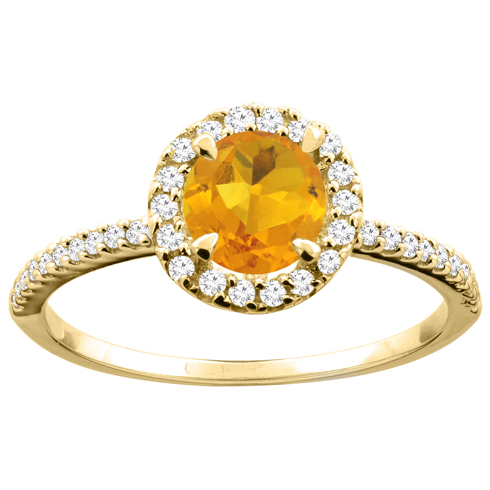 Sabrina Silver 10K Yellow Gold Natural Citrine Ring Round 6mm Diamond Accents, sizes 5 - 10