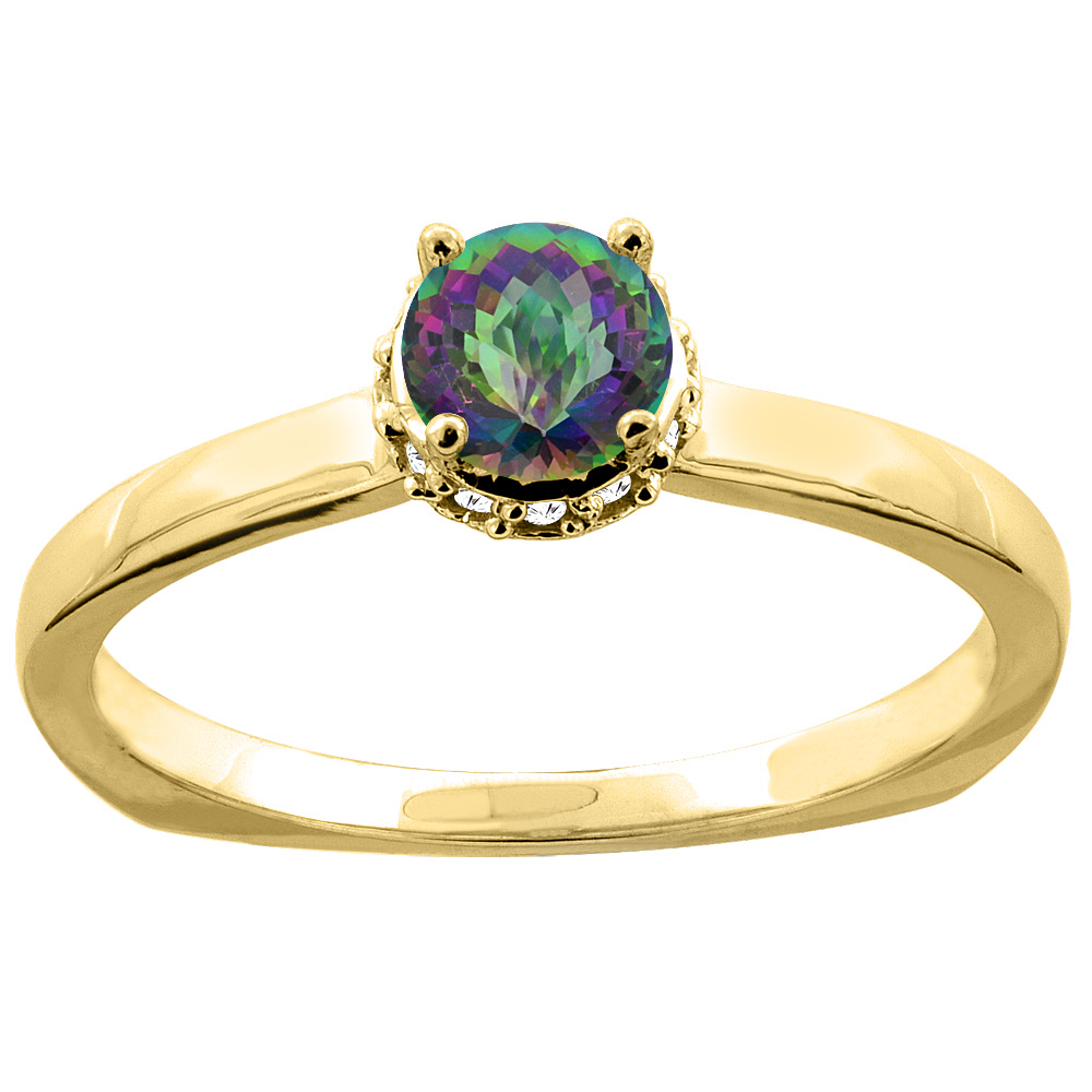Sabrina Silver 10K Gold Natural Mystic Topaz Solitaire Engagement Ring Round 4mm Diamond Accents, sizes 5 - 10