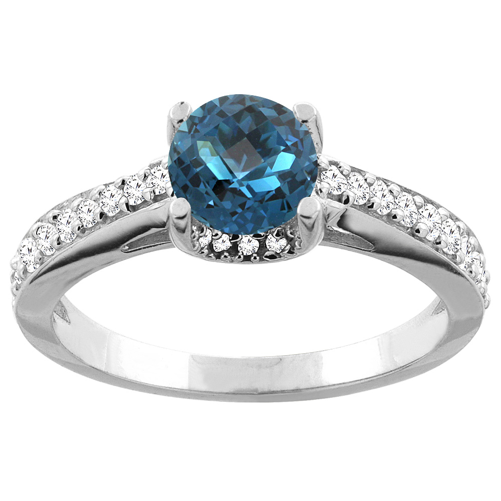 Sabrina Silver 10K White/Yellow Gold Natural London Blue Topaz Ring Round 6mm Diamond Accents 1/4 inch wide, sizes 5 - 10