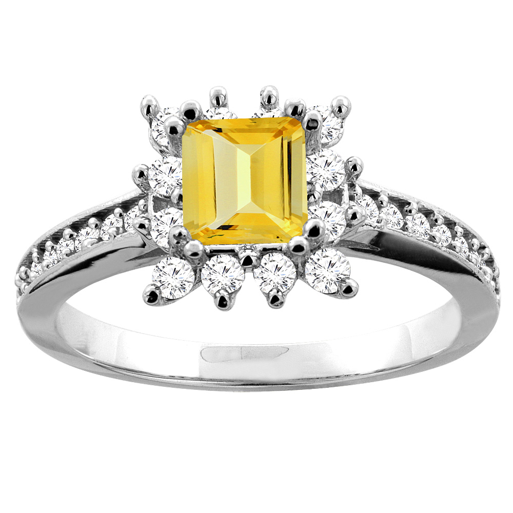 Sabrina Silver 10K White Gold Natural Citrine Engagement Ring Diamond Accents Square 5mm, sizes 5 - 10
