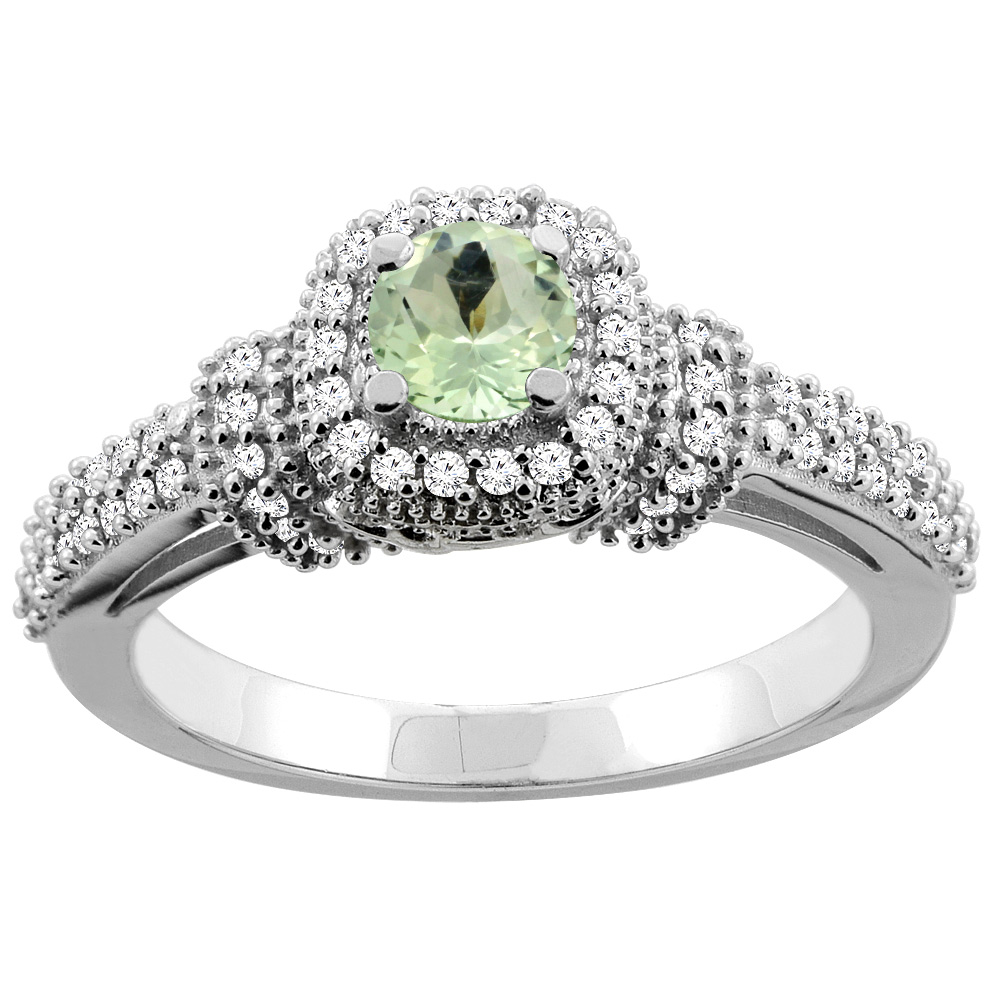 Sabrina Silver 14K Gold Natural Green Amethyst Engagement Halo Ring Round 5mm Diamond Accents, sizes 5 - 10