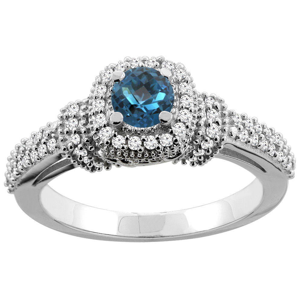 Sabrina Silver 10K Gold Natural London Blue Topaz Engagement Halo Ring Round 5mm Diamond Accents, sizes 5 - 10