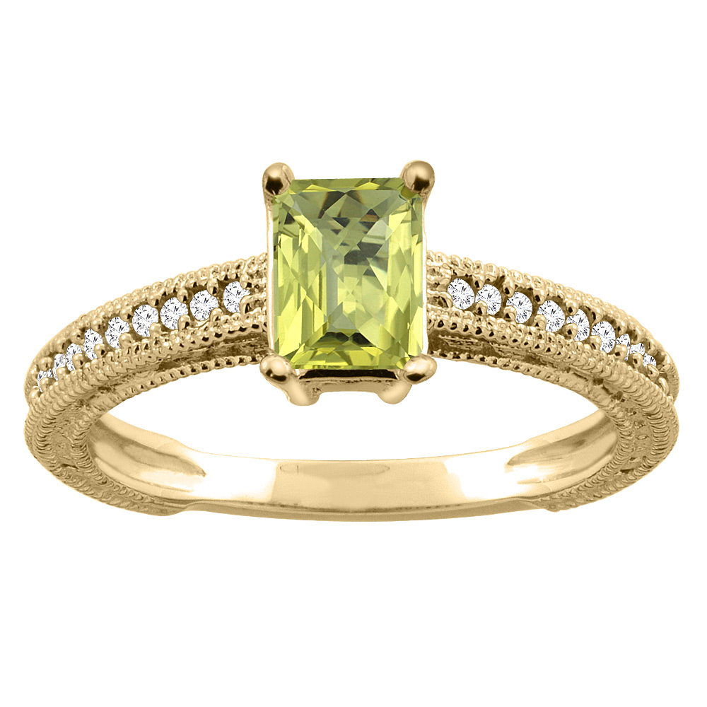 Sabrina Silver 10K Gold Natural Lemon Quartz Engagement Ring Octagon 8x6mm Diamond Accents, sizes 5 - 10