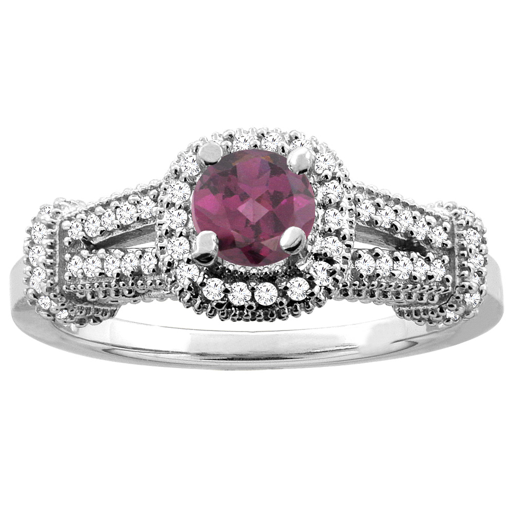 Sabrina Silver 10K White Gold Natural Rhodolite Engagement Halo Ring Round 5mm Diamond Accents, sizes 5 - 10