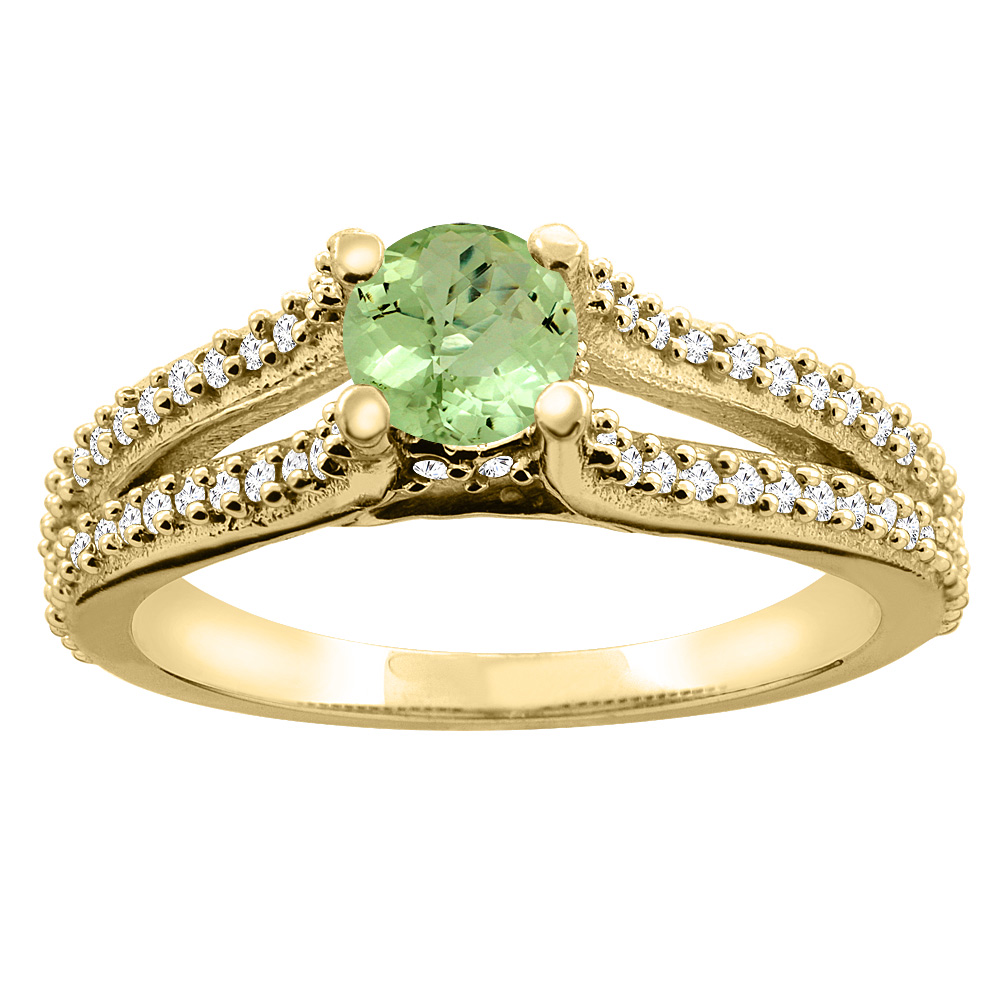 Sabrina Silver 10K Yellow Gold Natural Peridot Engagement Split Shank Ring Round 5mm Diamond Accents, sizes 5 - 10
