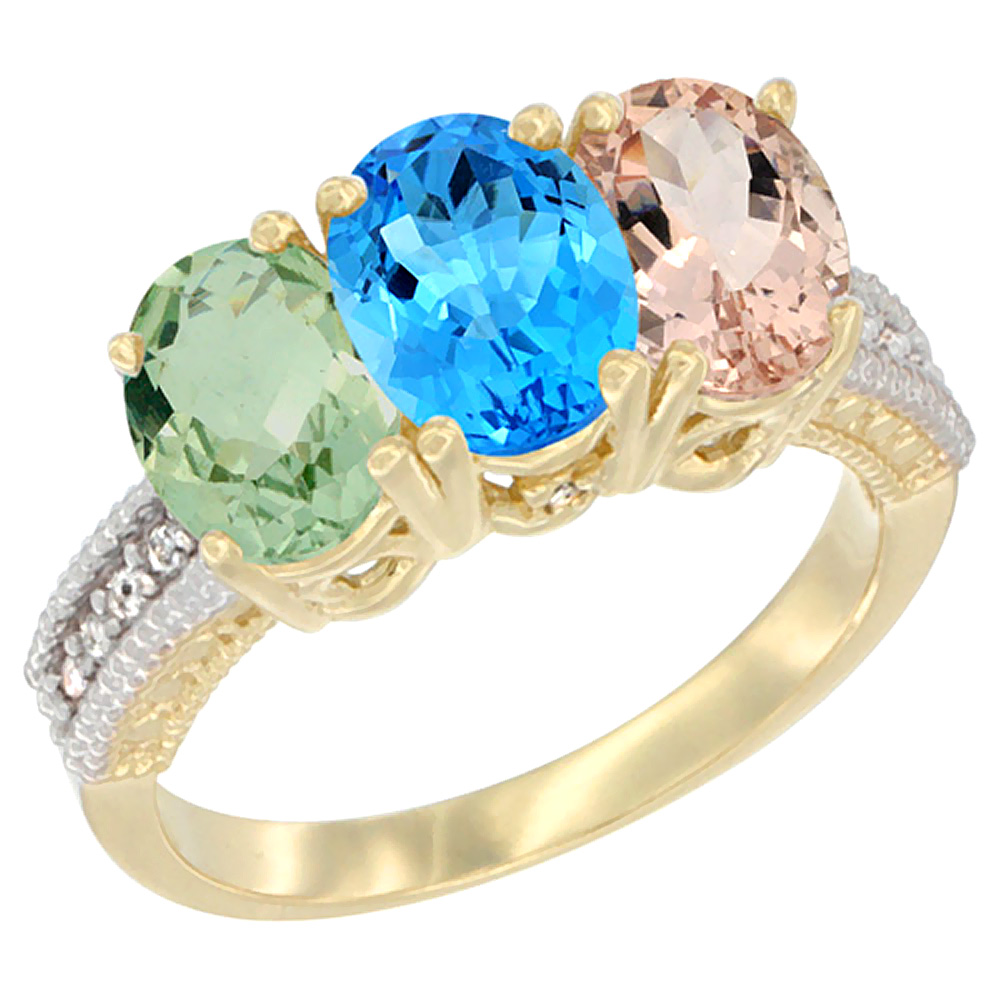 Sabrina Silver 14K Yellow Gold Natural Green Amethyst, Swiss Blue Topaz & Morganite Ring 3-Stone 7x5 mm Oval Diamond Accent, sizes 5 - 10
