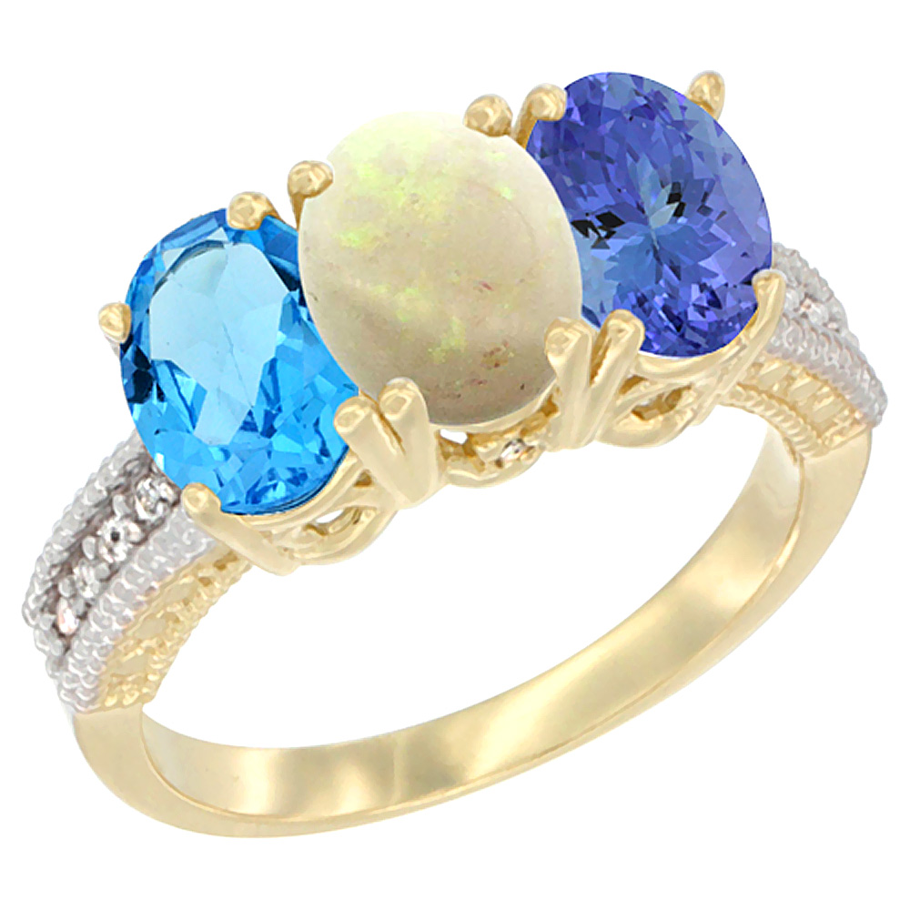 Sabrina Silver 14K Yellow Gold Natural Swiss Blue Topaz, Opal & Tanzanite Ring 3-Stone 7x5 mm Oval Diamond Accent, sizes 5 - 10