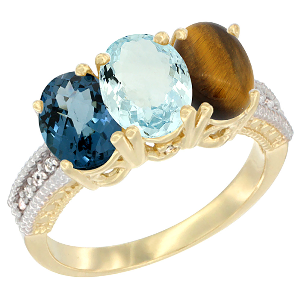 Sabrina Silver 14K Yellow Gold Natural London Blue Topaz, Aquamarine & Tiger Eye Ring 3-Stone 7x5 mm Oval Diamond Accent, sizes 5 - 10