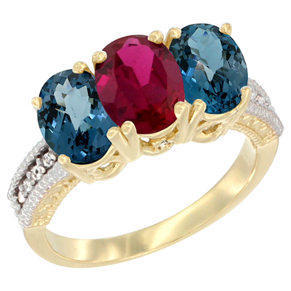 Sabrina Silver 14K Yellow Gold Diamond Enhanced Ruby & Natural London Blue Topaz Ring 3-Stone 7x5 mm Oval, sizes 5 - 10