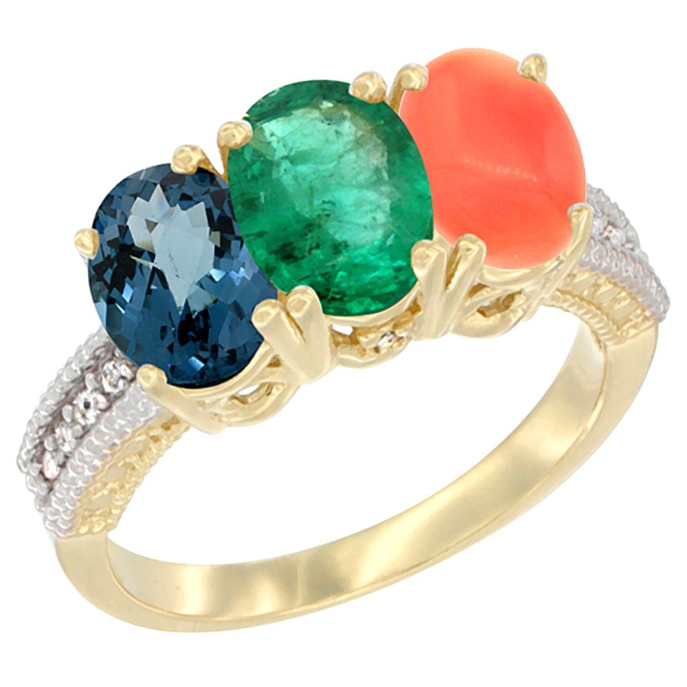 Sabrina Silver 14K Yellow Gold Natural London Blue Topaz, Emerald & Coral Ring 3-Stone 7x5 mm Oval Diamond Accent, sizes 5 - 10