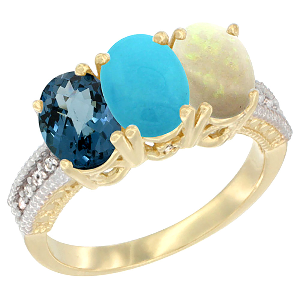 Sabrina Silver 14K Yellow Gold Natural London Blue Topaz, Turquoise & Opal Ring 3-Stone 7x5 mm Oval Diamond Accent, sizes 5 - 10