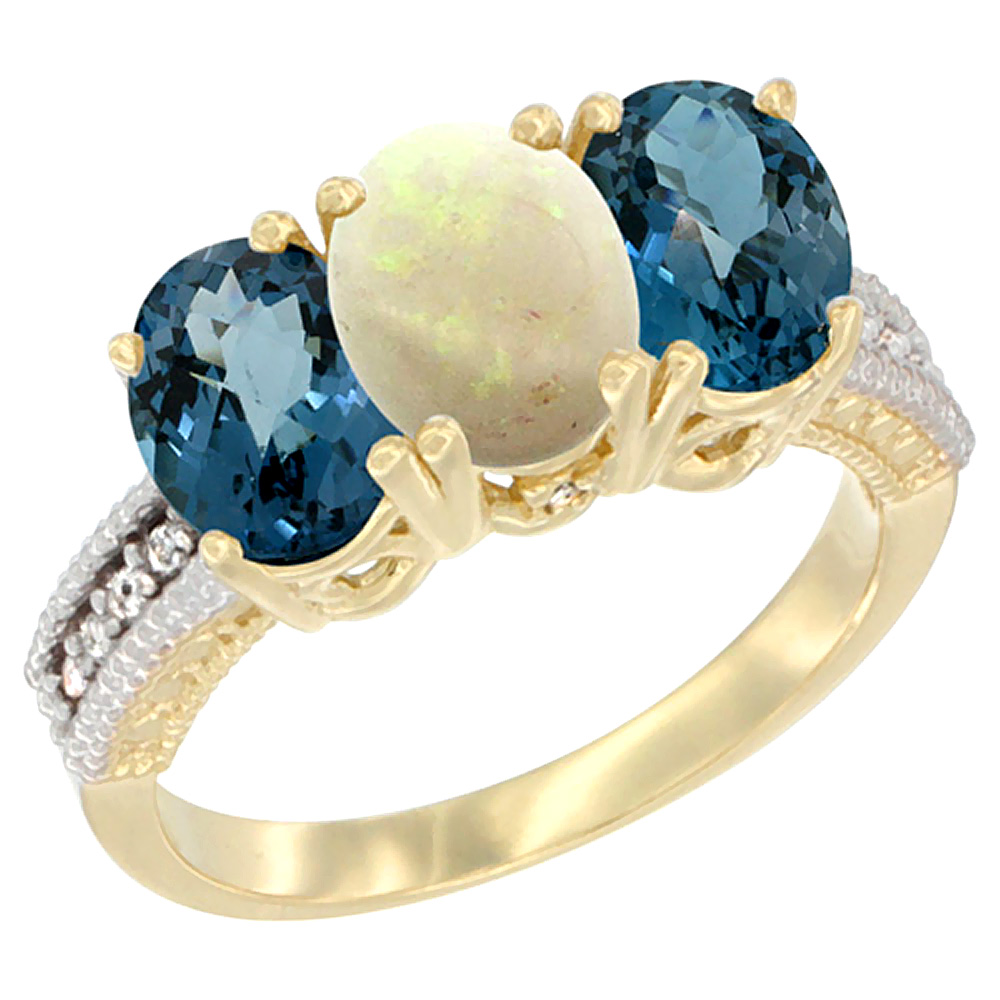 Sabrina Silver 14K Yellow Gold Natural Opal & London Blue Topaz Sides Ring 3-Stone 7x5 mm Oval Diamond Accent, sizes 5 - 10