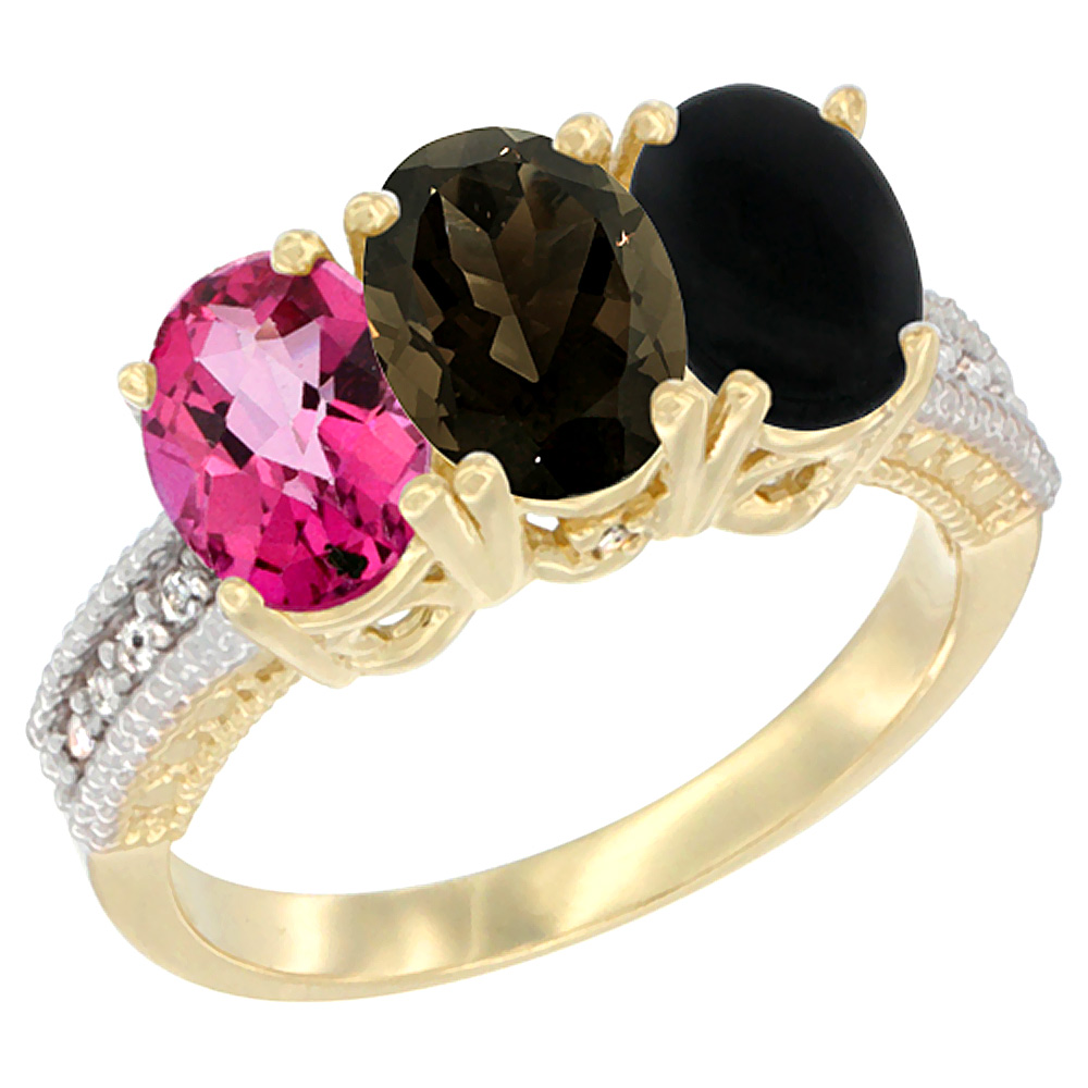 Sabrina Silver 14K Yellow Gold Natural Pink Topaz, Smoky Topaz & Black Onyx Ring 3-Stone 7x5 mm Oval Diamond Accent, sizes 5 - 10