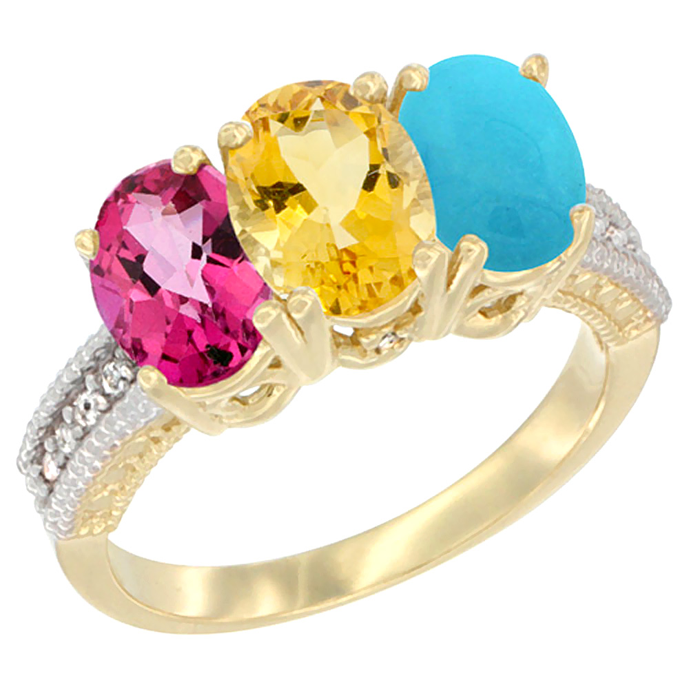 Sabrina Silver 14K Yellow Gold Natural Pink Topaz, Citrine & Turquoise Ring 3-Stone 7x5 mm Oval Diamond Accent, sizes 5 - 10
