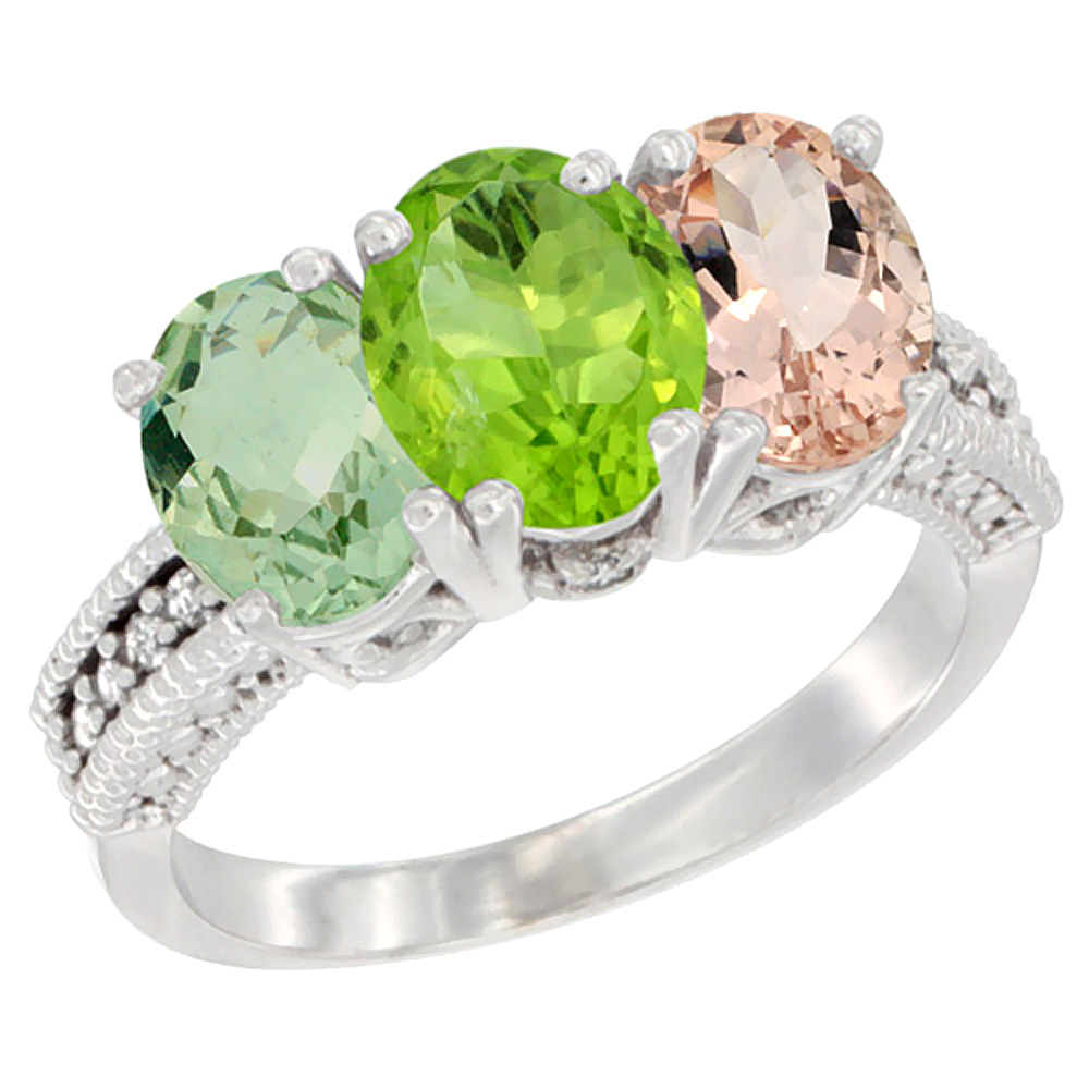 Sabrina Silver 10K White Gold Natural Green Amethyst, Peridot & Morganite Ring 3-Stone Oval 7x5 mm Diamond Accent, sizes 5 - 10