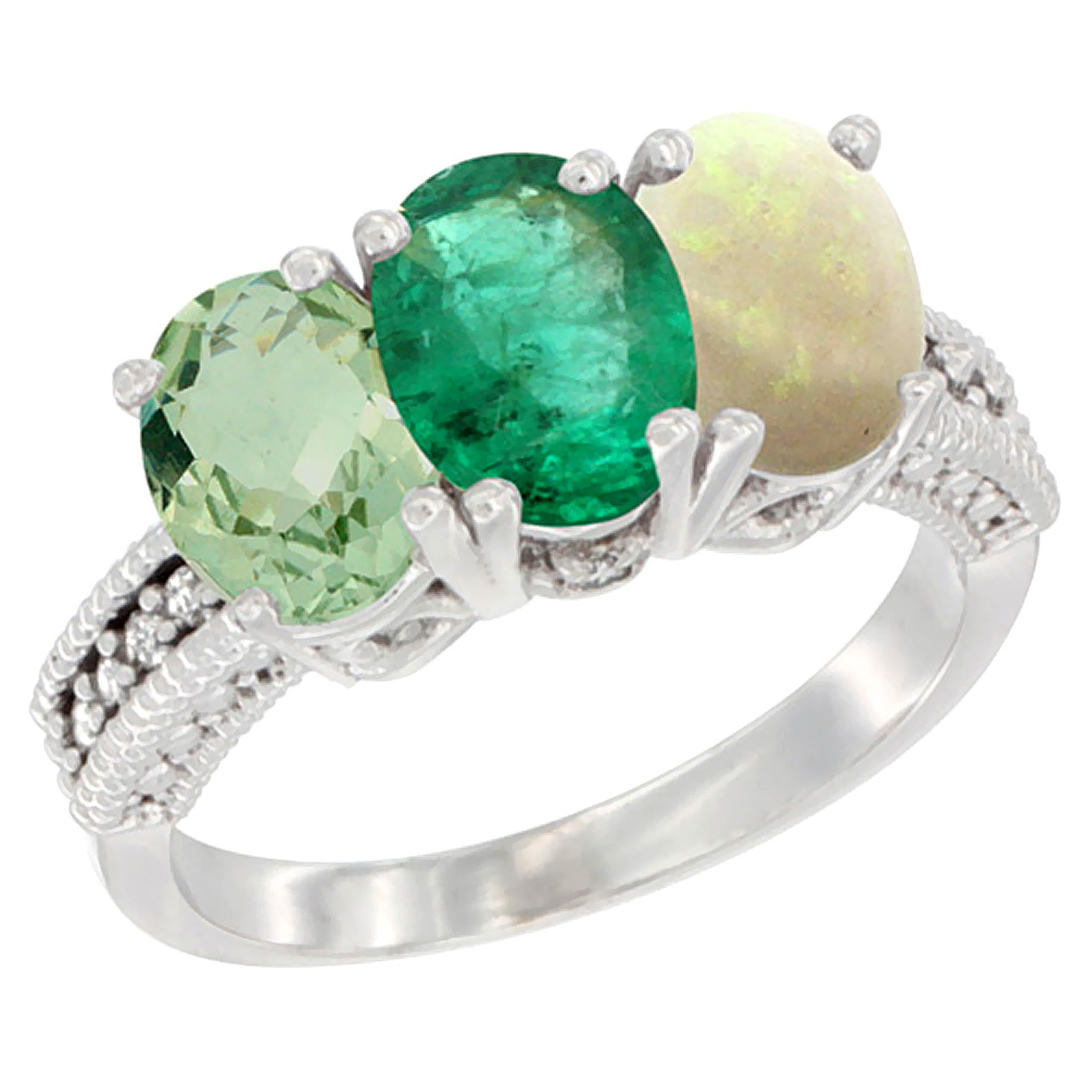 Sabrina Silver 10K White Gold Natural Green Amethyst, Emerald & Opal Ring 3-Stone Oval 7x5 mm Diamond Accent, sizes 5 - 10