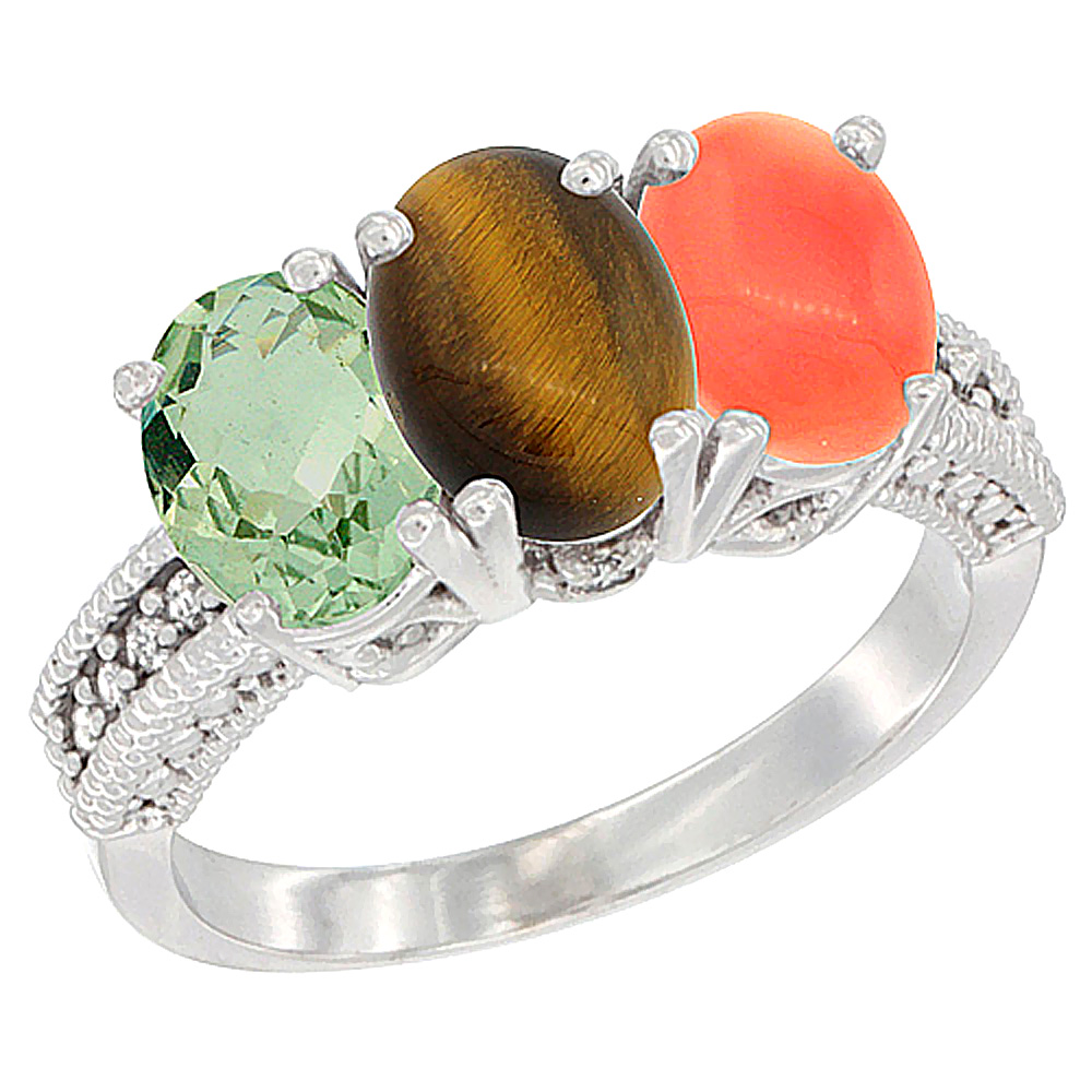 Sabrina Silver 10K White Gold Natural Green Amethyst, Tiger Eye & Coral Ring 3-Stone Oval 7x5 mm Diamond Accent, sizes 5 - 10