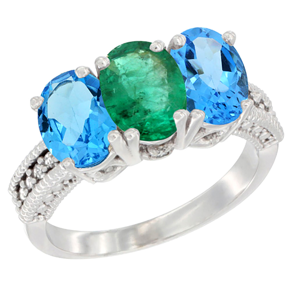 Sabrina Silver 10K White Gold Natural Emerald & Swiss Blue Topaz Sides Ring 3-Stone Oval 7x5 mm Diamond Accent, sizes 5 - 10