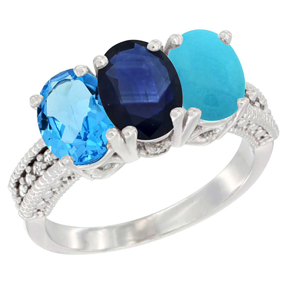 Sabrina Silver 10K White Gold Natural Swiss Blue Topaz, Blue Sapphire & Turquoise Ring 3-Stone Oval 7x5 mm Diamond Accent, sizes 5 - 10