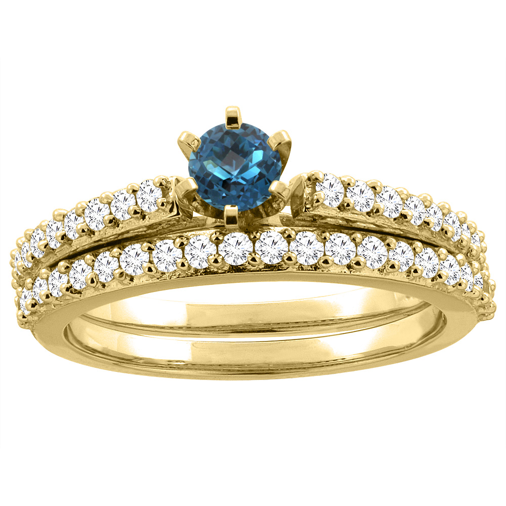 Sabrina Silver 14K Yellow Gold Natural London Blue Topaz 2-piece Bridal Ring Set Round 4mm, sizes 5 - 10