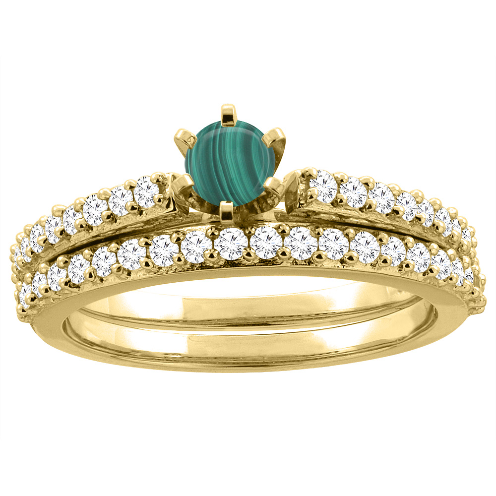 Sabrina Silver 14K Yellow Gold Natural Malachite 2-piece Bridal Ring Set Round 4mm, sizes 5 - 10