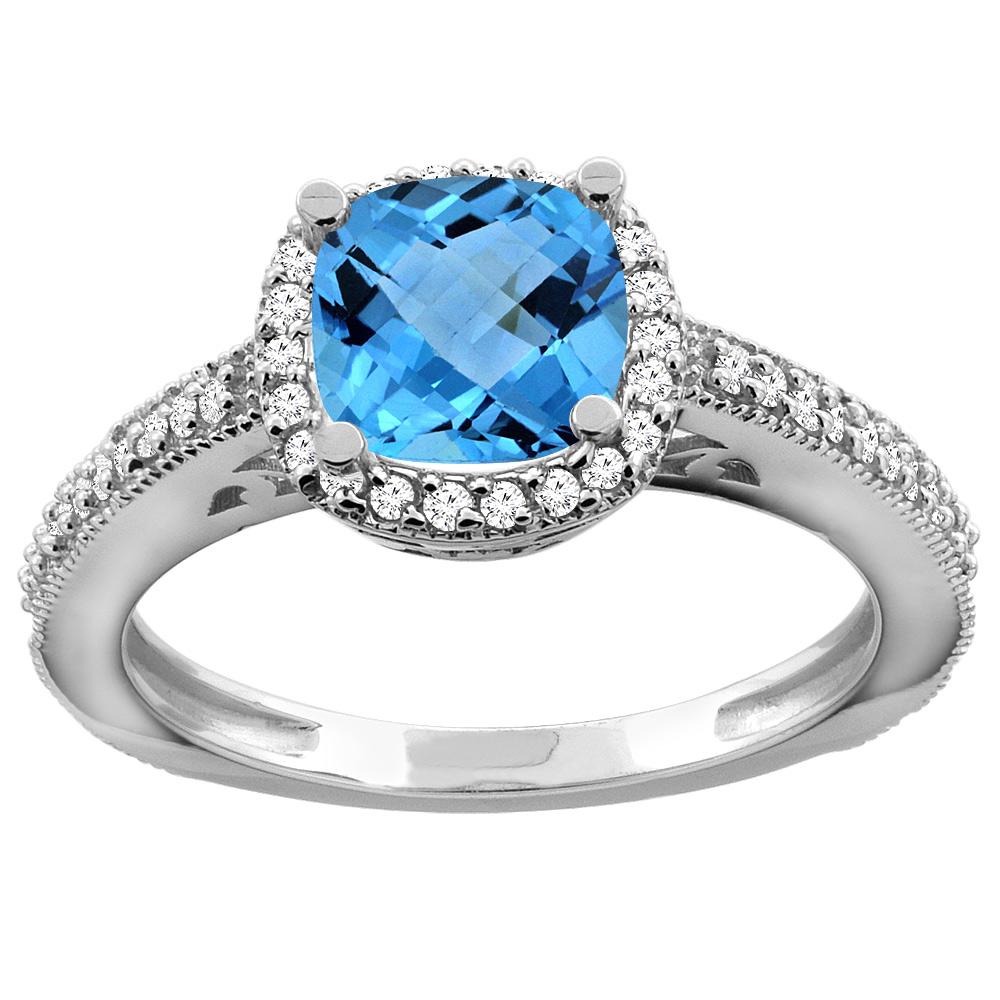 Sabrina Silver 10K Gold Genuine Blue Topaz Engagement Ring Diamond Halo Cushion Cut 7mm sizes 5 - 10