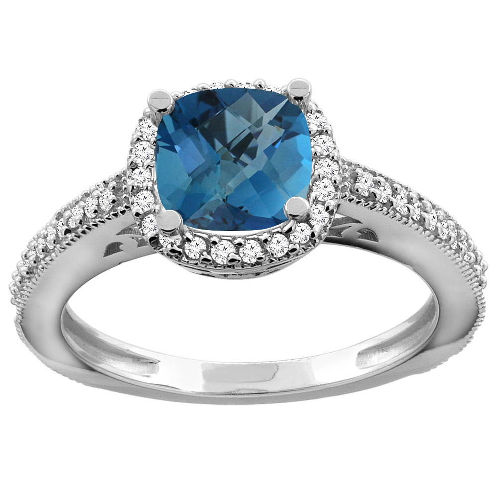Sabrina Silver 10K Gold Natural London Blue Topaz Engagement Ring Diamond Halo Cushion 7mm, sizes 5 - 10