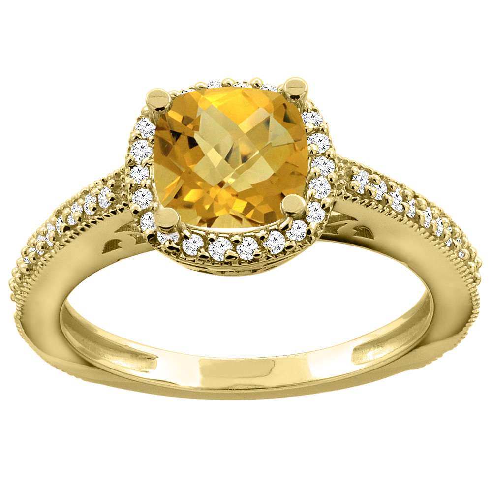 Sabrina Silver 10K Yellow Gold Natural Whisky Quartz Engagement Ring Diamond Halo Cushion 7mm, sizes 5 - 10