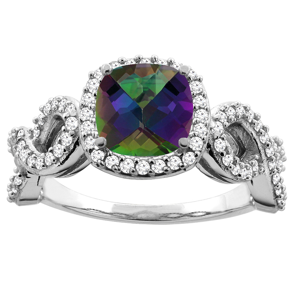 Sabrina Silver 10k White Gold Natural 7mm Cushion Cut Mystic Topaz Engagement Ring for Women Eternity Pattern Diamond Accent sizes 5-10