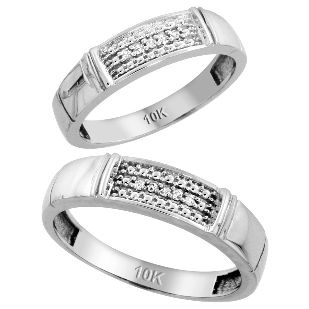Sabrina Silver 10k White Gold Diamond 2 Piece Wedding Ring Set His 5mm & Hers 4.5mm, Men"s Size 8 to 14