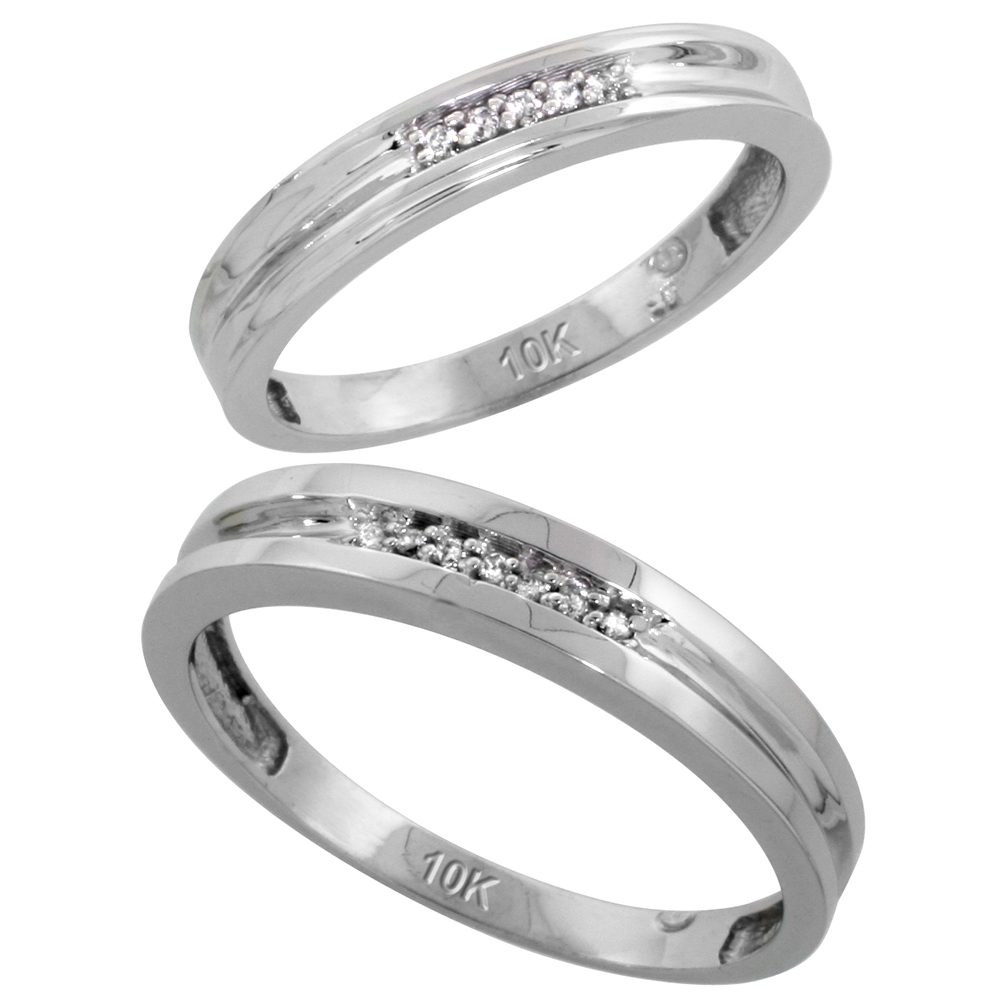 Sabrina Silver 10k White Gold Diamond 2 Piece Wedding Ring Set His 4mm & Hers 3.5mm, Men"s Size 8 to 14