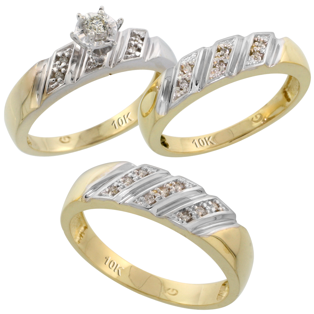 Sabrina Silver 10k Yellow Gold Diamond Trio Wedding Ring Set His 6mm & Hers 5mm, Men"s Size 8 to 14