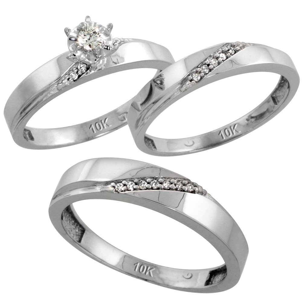 Sabrina Silver 10k White Gold Diamond Trio Wedding Ring Set His 4.5mm & Hers 3.5mm, Men"s Size 8 to 14