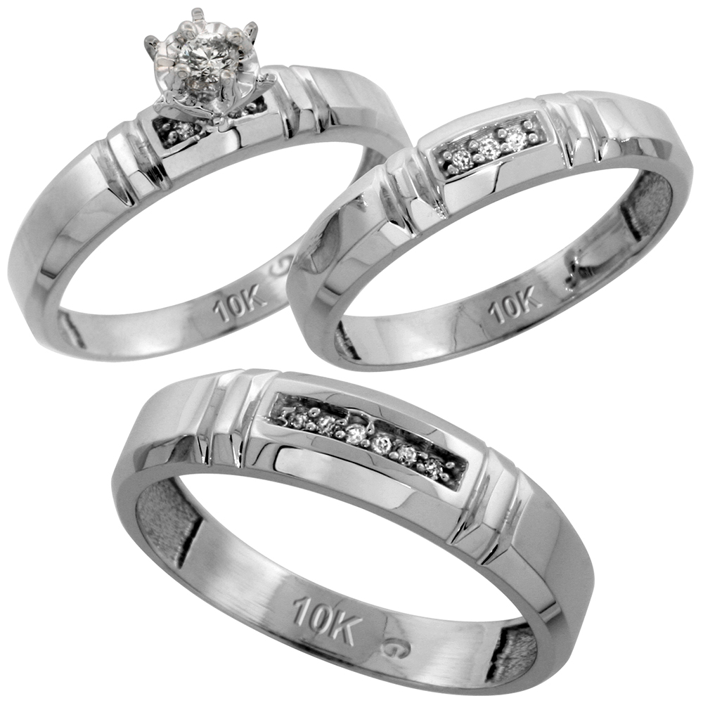 Sabrina Silver 10k White Gold Diamond Trio Wedding Ring Set His