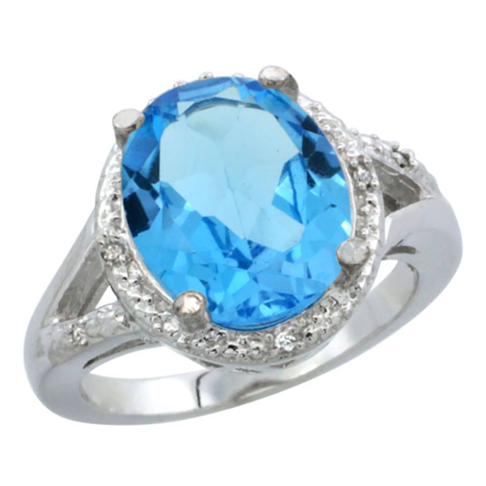 Sabrina Silver 14K White Gold Natural Swiss Blue Topaz Ring Oval 12x10mm Diamond Accent, sizes 5-10