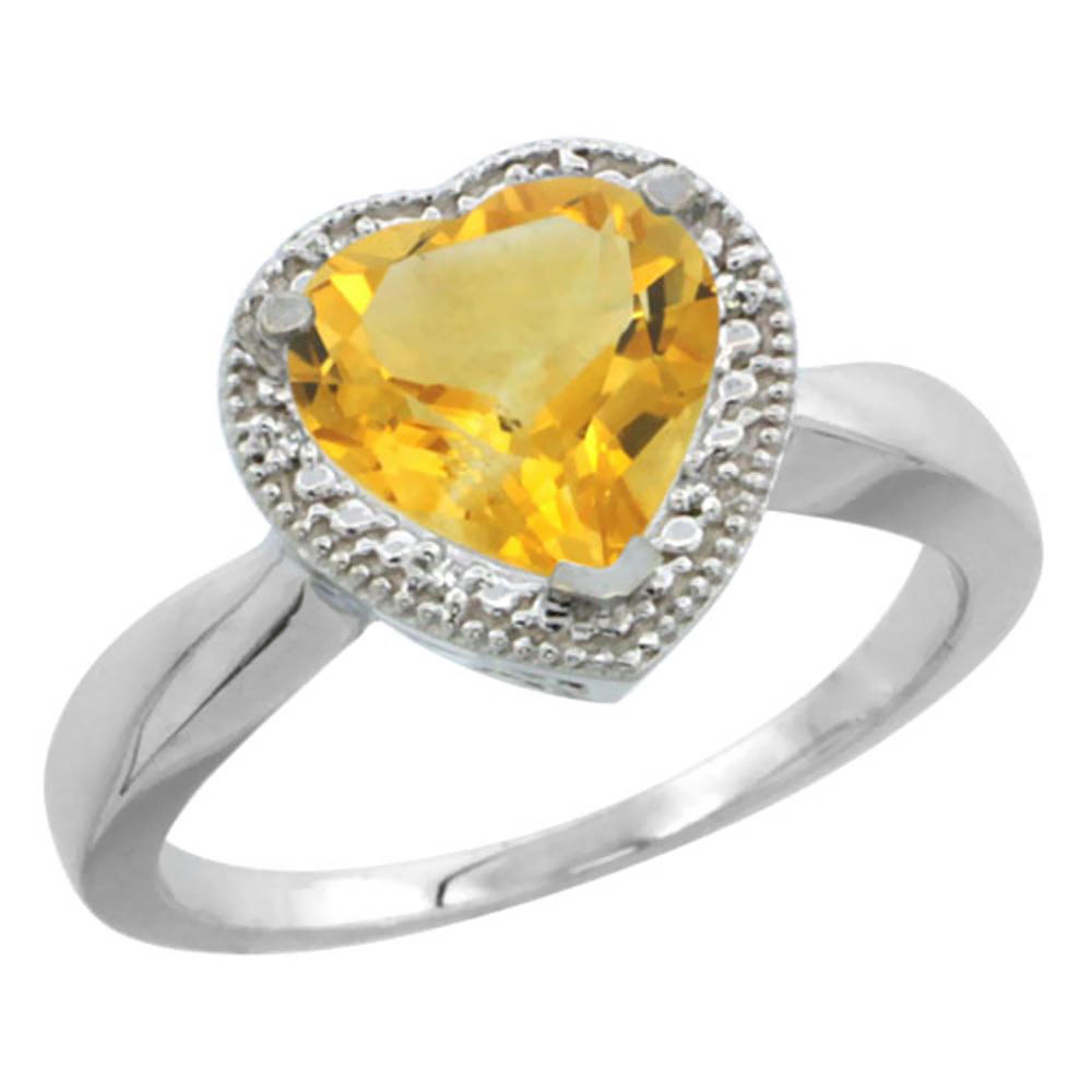 Sabrina Silver 14K White Gold Natural Citrine Ring Heart 8x8mm Diamond Accent, sizes 5-10