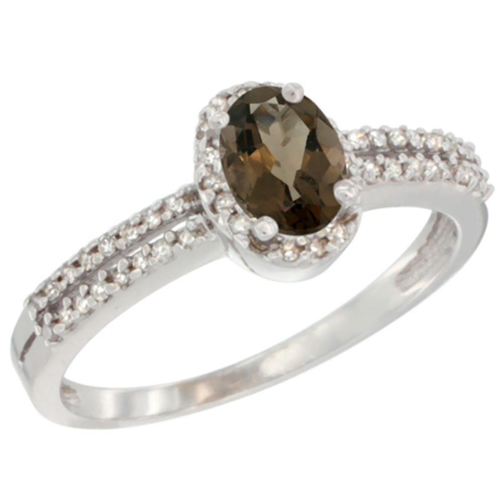 Sabrina Silver 14K White Gold Natural Smoky Topaz Ring Oval 6x4mm Diamond Accent, sizes 5-10