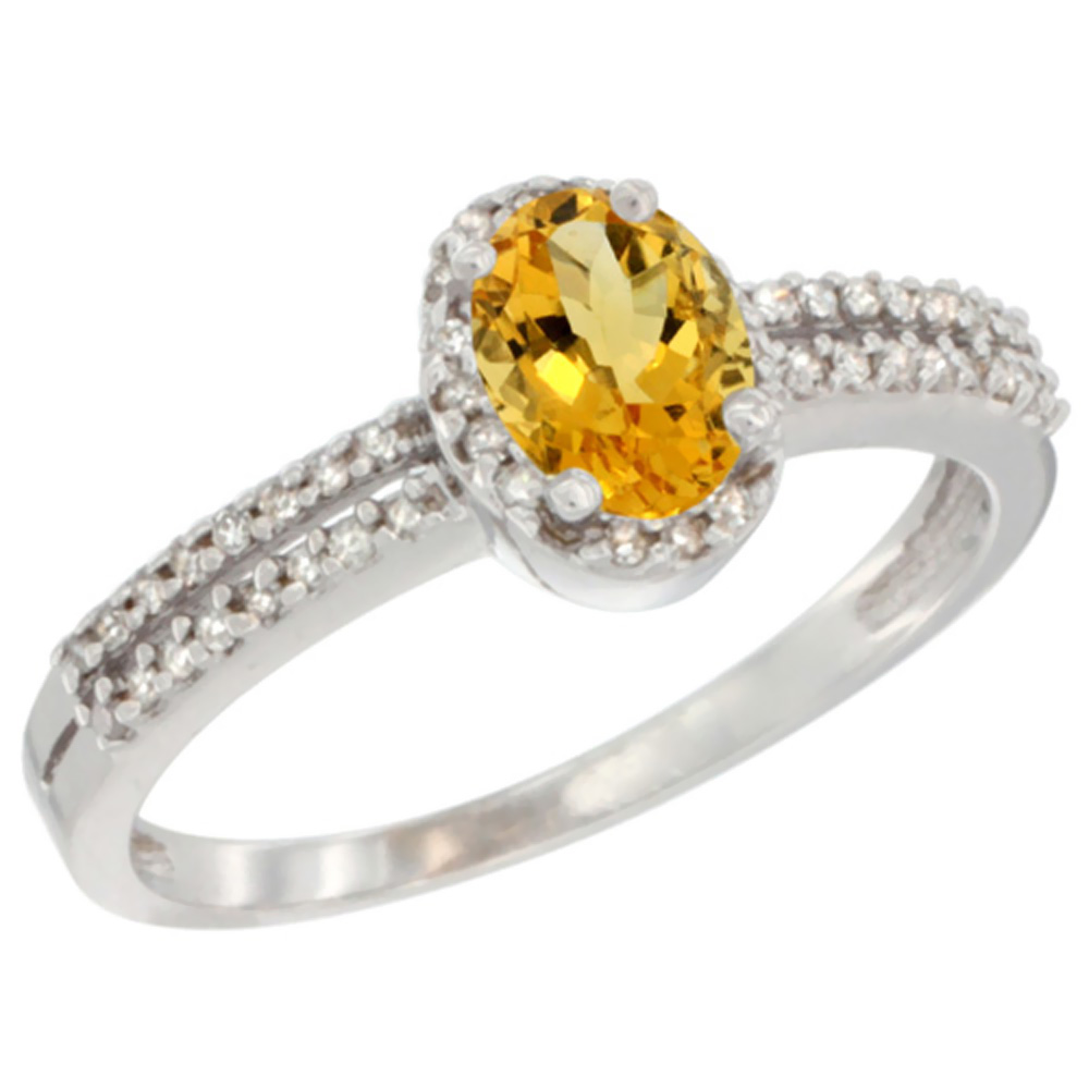 Sabrina Silver 14K White Gold Natural Citrine Ring Oval 6x4mm Diamond Accent, sizes 5-10