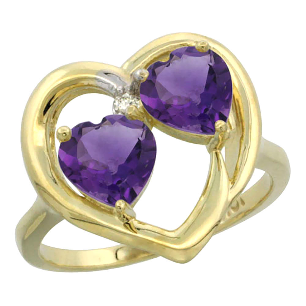 Sabrina Silver 14K Yellow Gold Diamond Two-stone Heart Ring 6 mm Natural Amethyst, sizes 5-10