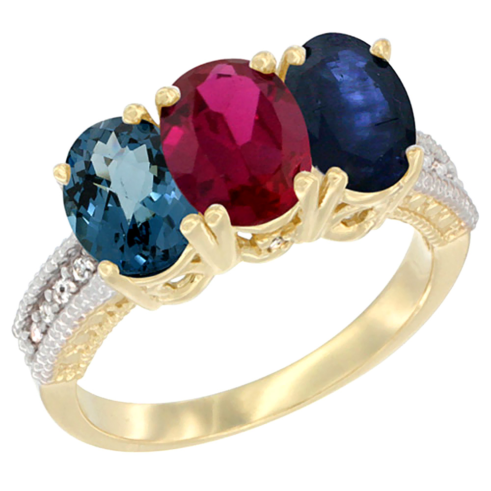 Sabrina Silver 10K Yellow Gold Diamond Natural London Blue Topaz, Ruby & Blue Sapphire Ring 3-Stone Oval 7x5 mm, sizes 5 - 10