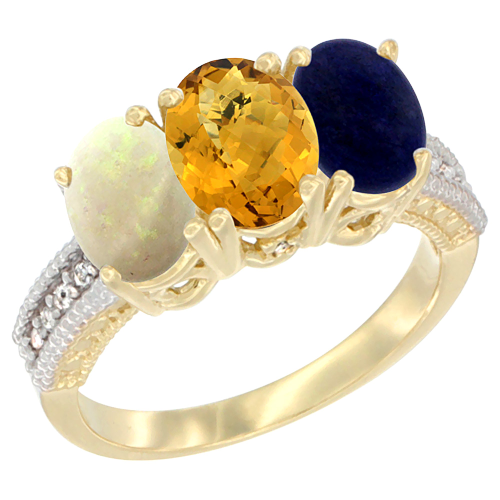 Sabrina Silver 10K Yellow Gold Diamond Natural Opal, Whisky Quartz & Lapis Ring 3-Stone 7x5 mm Oval, sizes 5 - 10