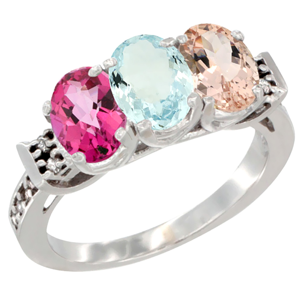 Sabrina Silver 14K White Gold Natural Pink Topaz, Aquamarine & Morganite Ring 3-Stone 7x5 mm Oval Diamond Accent, sizes 5 - 10