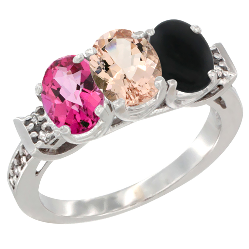 Sabrina Silver 14K White Gold Natural Pink Topaz, Morganite & Black Onyx Ring 3-Stone 7x5 mm Oval Diamond Accent, sizes 5 - 10