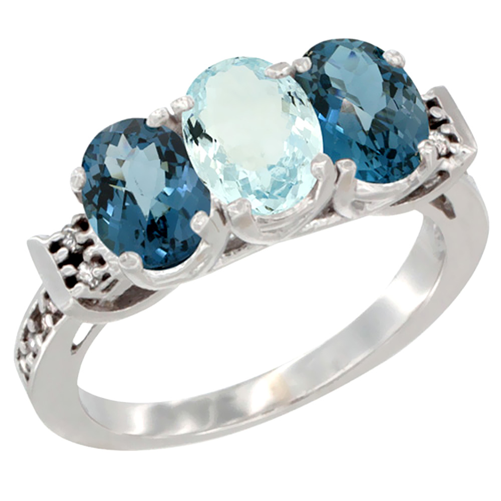 Sabrina Silver 14K White Gold Natural Aquamarine & London Blue Topaz Sides Ring 3-Stone 7x5 mm Oval Diamond Accent, sizes 5 - 10