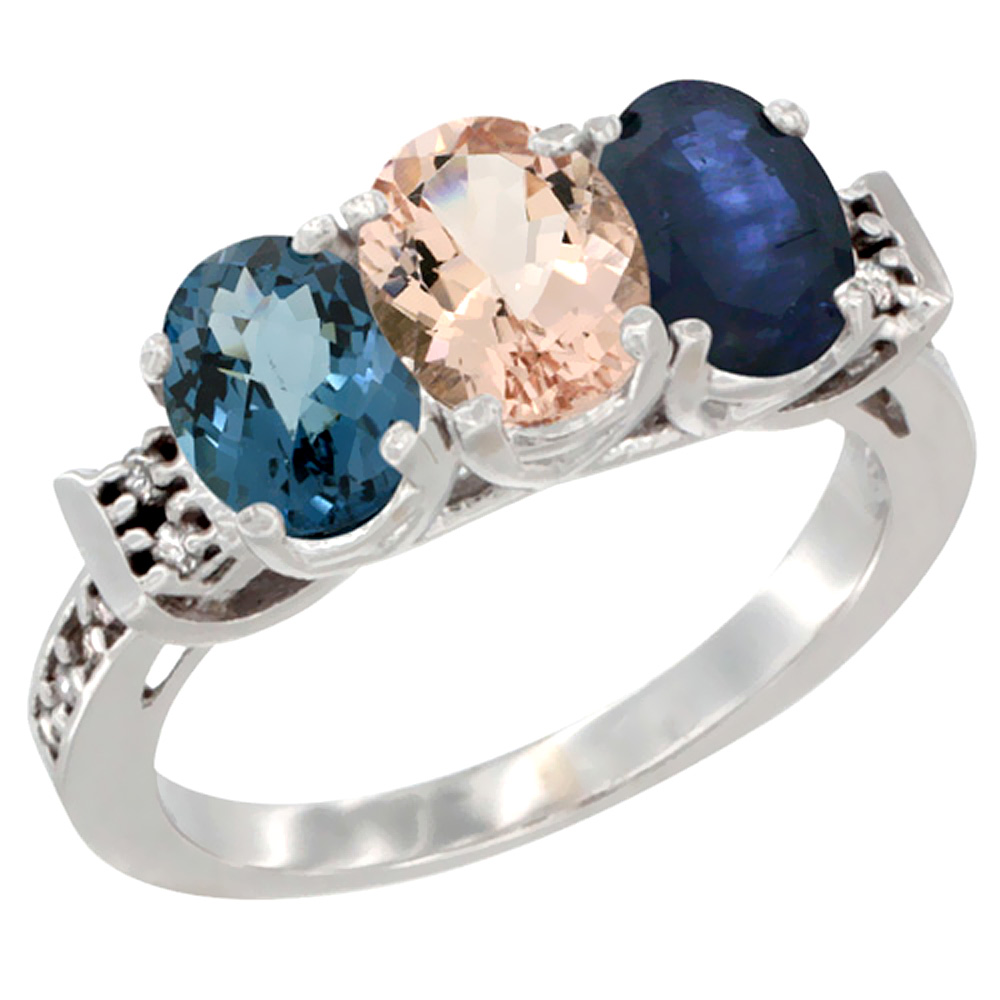 Sabrina Silver 14K White Gold Natural London Blue Topaz, Morganite & Blue Sapphire Ring 3-Stone 7x5 mm Oval Diamond Accent, sizes 5 - 10
