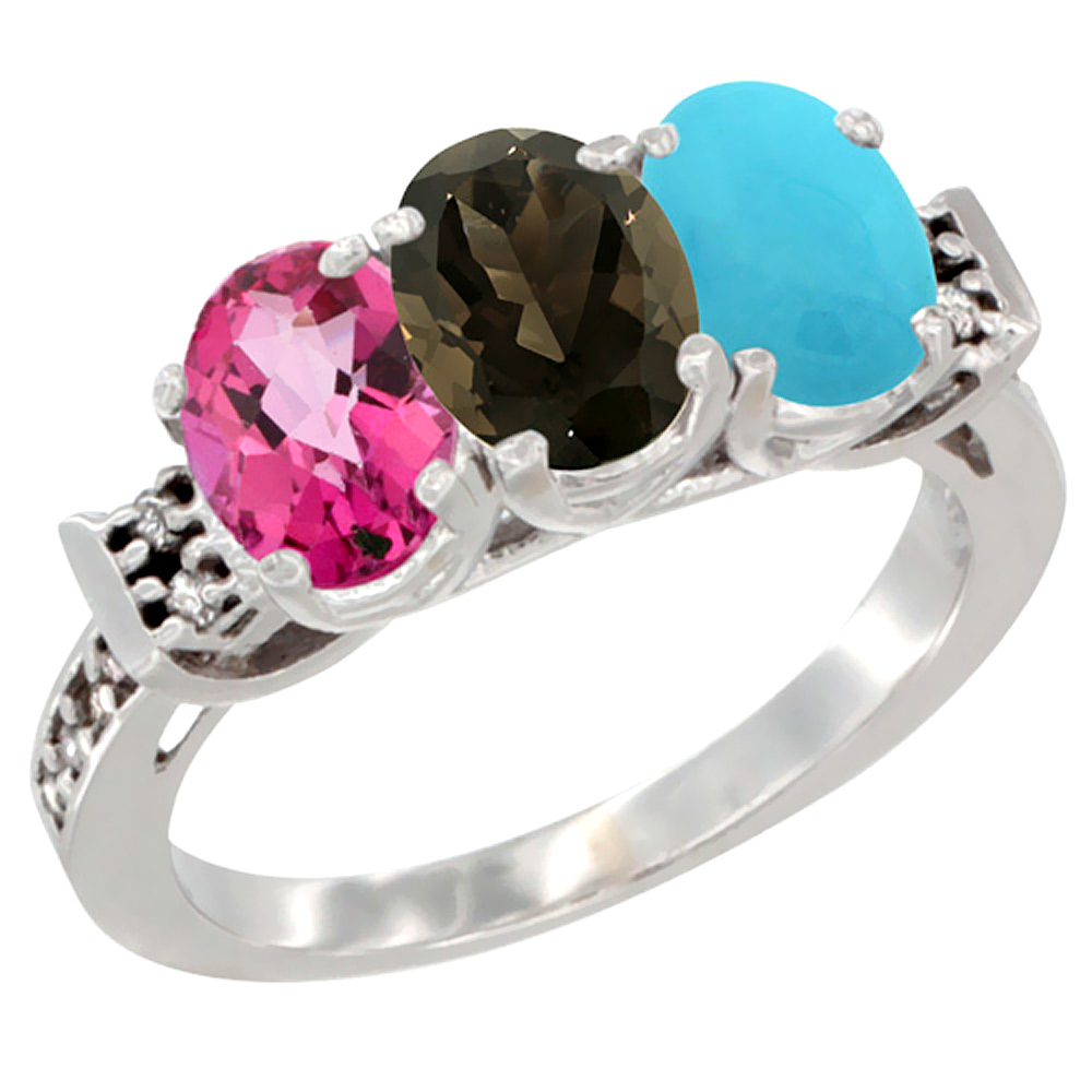 Sabrina Silver 14K White Gold Natural Pink Topaz, Smoky Topaz & Turquoise Ring 3-Stone 7x5 mm Oval Diamond Accent, sizes 5 - 10