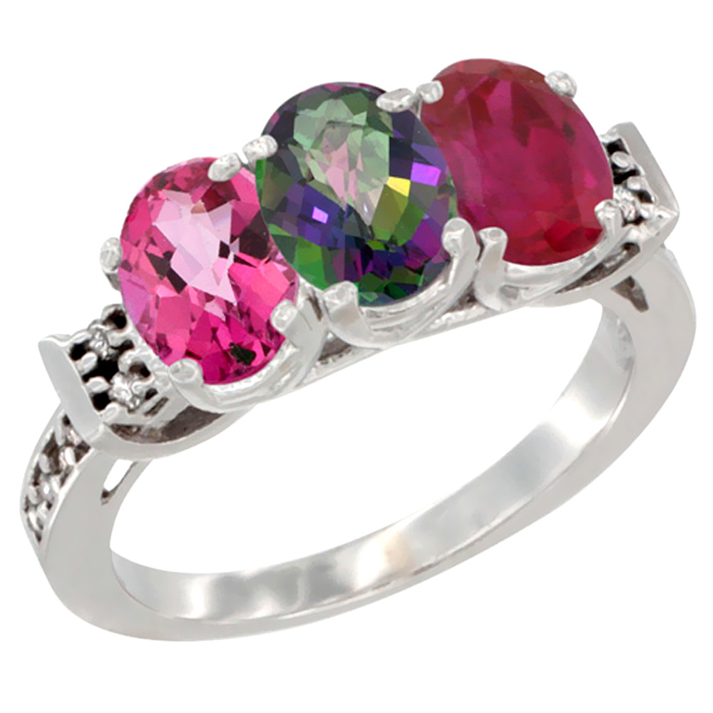 Sabrina Silver 14K White Gold Natural Pink Topaz, Mystic Topaz & Enhanced Ruby Ring 3-Stone 7x5 mm Oval Diamond Accent, sizes 5 - 10