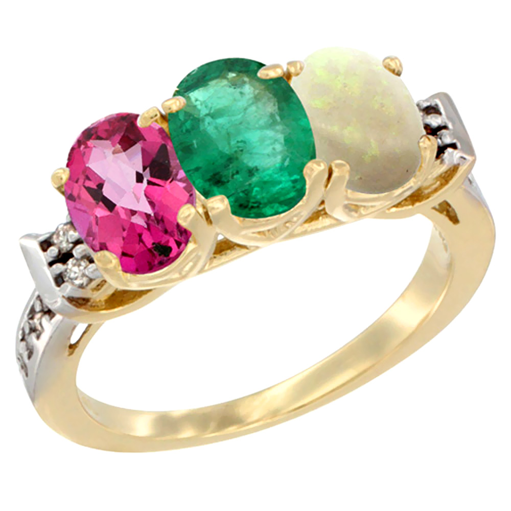 Sabrina Silver 14K Yellow Gold Natural Pink Topaz, Emerald & Opal Ring 3-Stone Oval 7x5 mm Diamond Accent, sizes 5 - 10